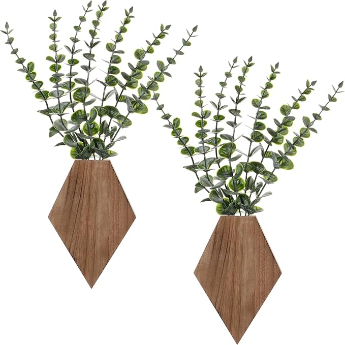 Chunful 2 Pcs Wooden Wall Planter Decor Hanging Fake Plants Greenery Flowers Holder Vase Boxes for Wall Bohemian Farmhouse Room Kitchen Office Indoor Decoration(Wooden Color,7.1 x 4.7 x 1.2 Inches)