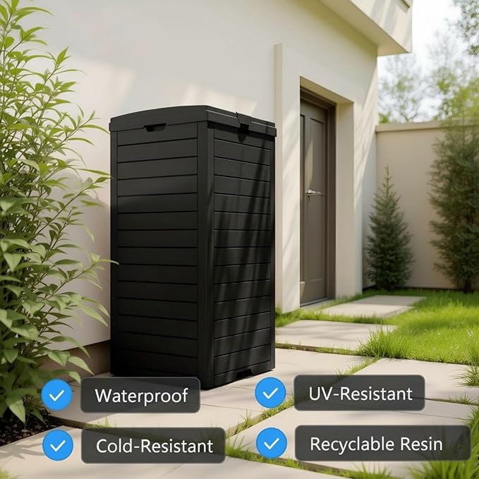 31 Gallon Resin Trash Can Cabinet with Lid & Drip Tray - Waterproof Outdoor Garbage Bin for Patio, Kitchen, Yard, and Entertaining Areas - Easy Assembly, No Tools Required
