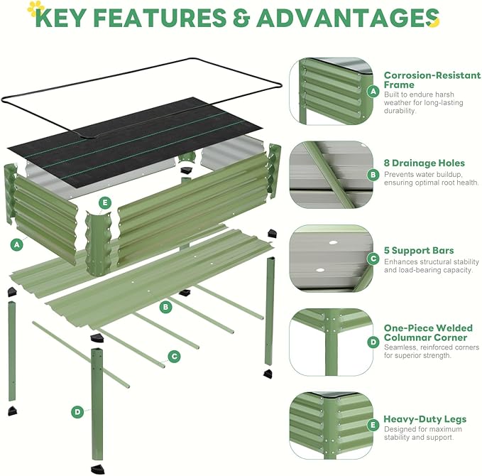 STBoo Elevated Raised Garden Bed with Legs and Wheels- 48''x24''x32'' Galvanized Metal Standing Planter Boxes Outdoor with Bottom Storage Shelf for Backyard, Patio, Balcony, Vegetables, Green