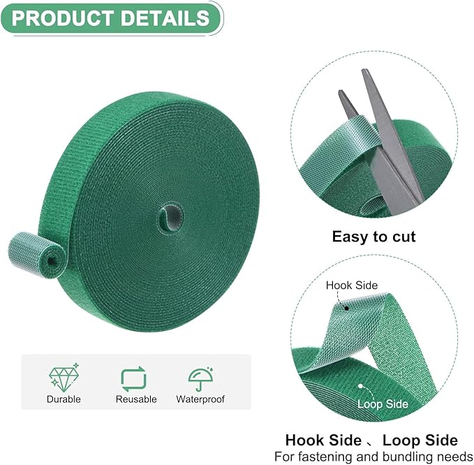 3-Roll Garden Plant Tape, 33 ft x 0.6 in Garden Hook and Loop Plant Ties Multi-Purpose Use Adjustable and Reusable Twist Wire Tape for Plants/Flowers/Vines [Green]
