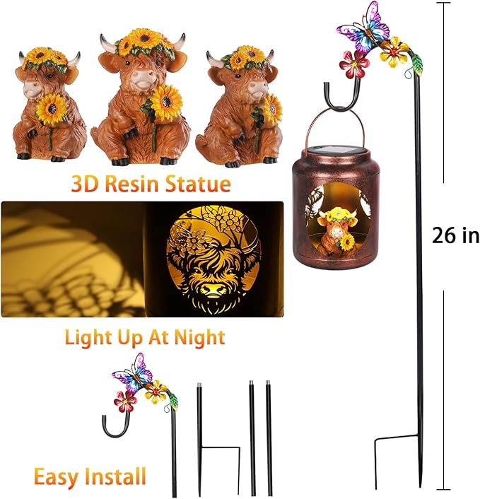Solar Lanterns Outdoor Waterproof Metal Highland Cow Patterns with Resin Highland Cow Inside Garden Decor Gifts for Women Mom Grandma Hanging Solar Lights Decoration Outside for Yard, Patio, Backyard
