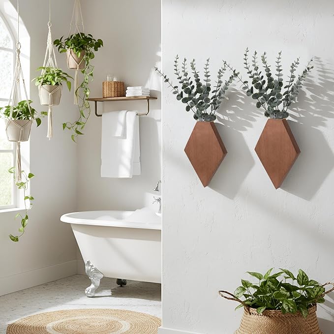 Chunful 2 Pcs Wooden Wall Planter Decor Hanging Faux Plants Greenery Flowers Holder Vase Boxes for Wall Bohemian Farmhouse Room Kitchen Office Indoor Decoration(Walnut Color,9.8 x 6.6 x 1.2 Inches)
