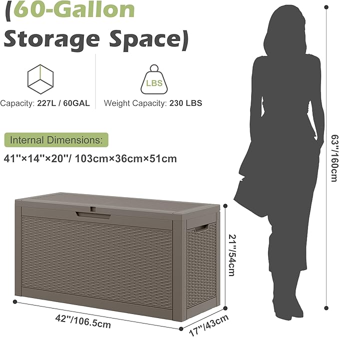 NBYSGO Outdoor Storage Box, Resin Deck Boxes Indoor and outdoor, Waterproof Storage Box Lockable Lid (Grey,60 Gallon)