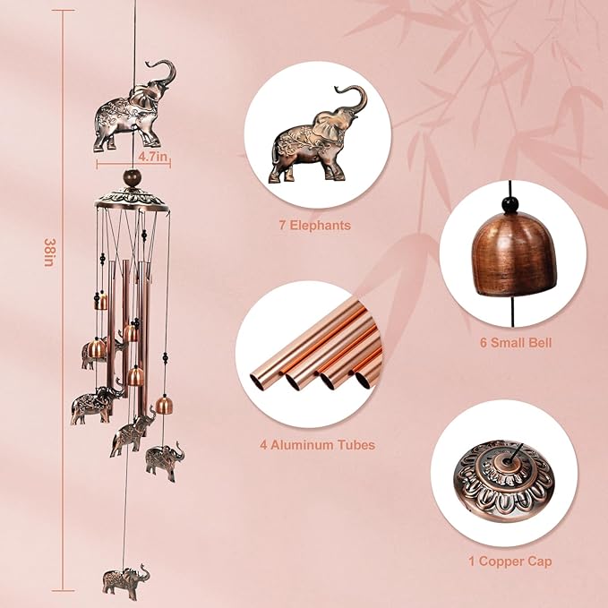 ArtCredit Copper Tone Animal Wind Chimes for Outdoors/Indoors - Elephant Designs - Garden, Patio, Yard, Home Decor, for Women, Men, Mom, Birthday, Memorial, Housewarming (Elephant)
