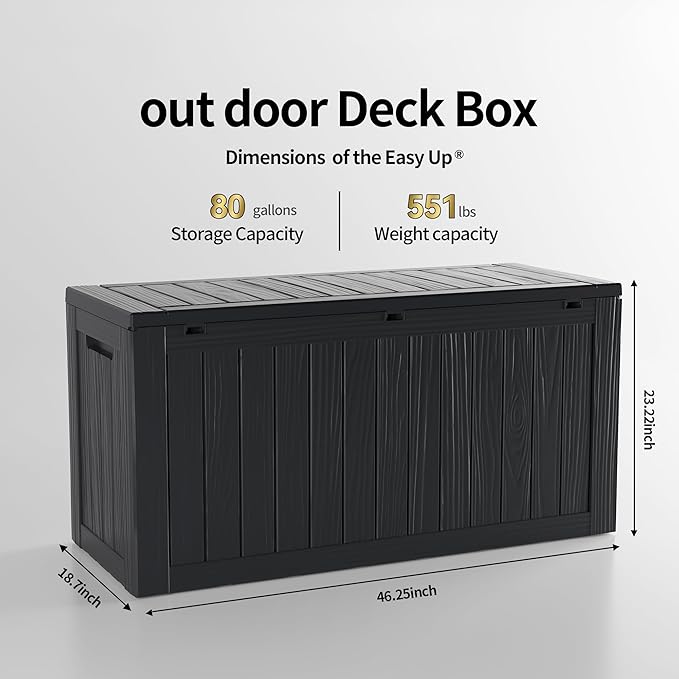 80 Gallon Lockable Resin Outdoor Storage Box, Waterproof & Weather Resistant Deck Box for Patio Cushion, Garden Tools & Pool Accessories, Black