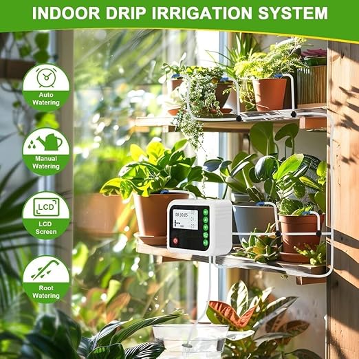 Automatic Plant Watering System with Timer, Adjustable Drip Irrigation Kit for Indoor and Outdoor Gardens and Greenhouses, Capacity 15 Pots