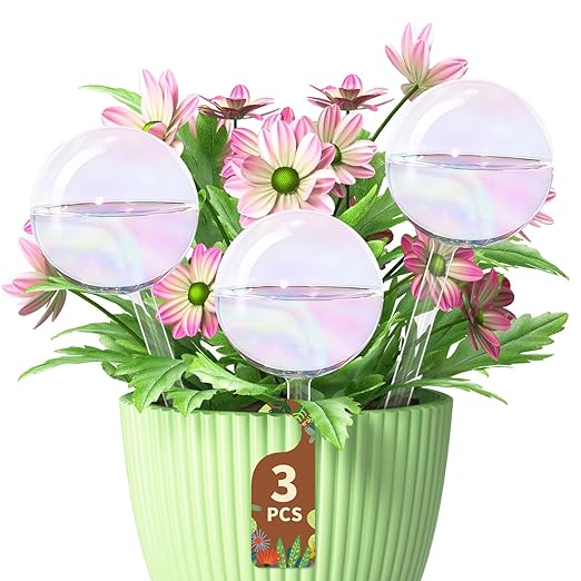 LASZOLA 3 Pcs Rainbow Glass Plant Self-Watering Globe for Indoor Outdoor, House Water Bulb for Small or Large Flower Pot, Iridescent Transparent Decorative Plant Dispenser Ball, Perfect for Vacation