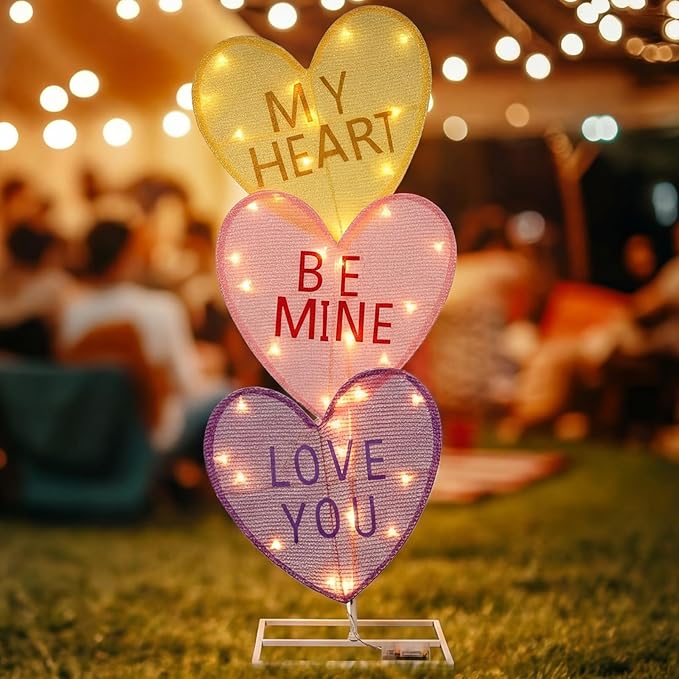 VIHOSE Valentine's Day Heart Lights 41 Inch H Pre-lit Lighted Heart Decor with 50 Warm White Lights Valentine's Day Conversation Candy Hearts Decoration for Indoor Outdoor Porch Garden Lawn (Vivid)