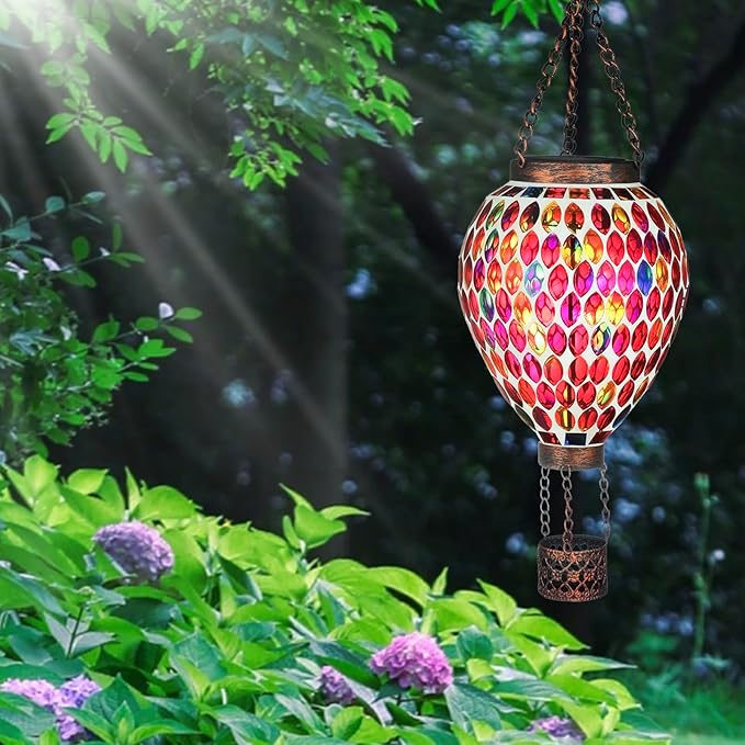 VOREEN Hot Air Balloon Solar Lantern, Mosaic Glass Hanging Solar Lights for Outside Garden & Patio, Waterproof Outdoor Decor, Handmade Art Glass Balloon (Red)