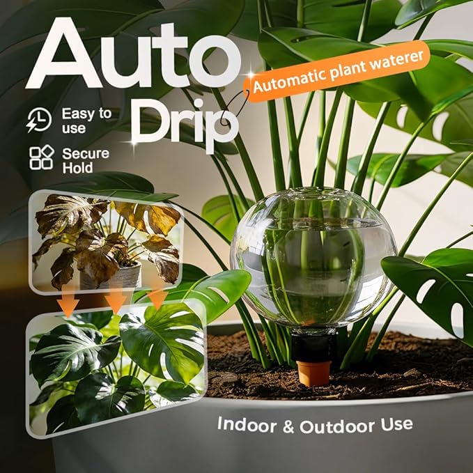 Self-Watering Globes for Indoor Plants, Clear Glass Automatic Watering Planter Insert, Self-Watering System Spikes for Release Terracotta Planter, Watering Bulbs with Slow Release (4PCS)