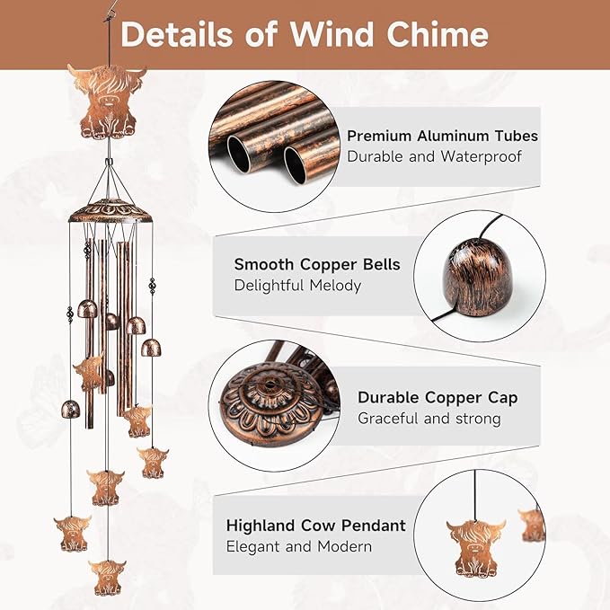 Highland Cow Wind Chimes for Outside,41" Metal Windchimes, Housewarming/Halloween/Festival/Birthday/Anniversary Highland Cow Gifts for Women/Men, Cow Decorations for Outside, Patio or Yard, Garden