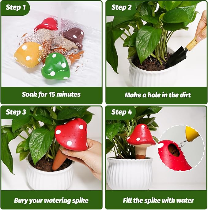 Terracotta Self Watering Spikes, 4 Pack Mushroom Self Watering Planter Insert, Vacation Plant Slow Release Watering Devices for Indoor Outdoor Plants, Colorful Large Water Globes
