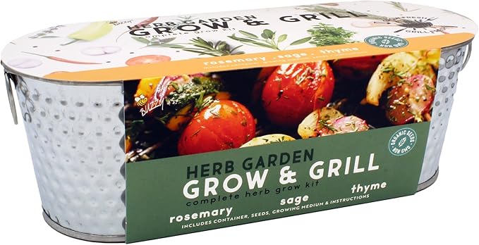 BUZZY Organic Herb Seeds Grow and Grill Kit – Organic Rosemary, Sage & Thyme – Indoor Starter Set with Hammered Metal Planter, Soil & Instructions – Perfect Kitchen Garden Gift
