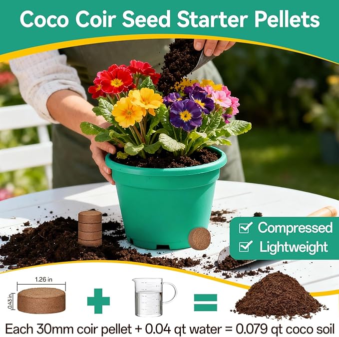 ZeeDix 200pcs(30mm) Coco Coir Pellets Potting Soil Indoor Plants, Compressed Coconut Coir Soil Pellets Seed Starting Pellets Discs for Planting Flowers Bonsai Herbs Plants and Vegetables