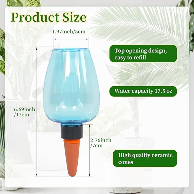 3pcs Plant Self Watering Globes, Plastic Water Bulbs Top Fill, 12.3 oz Plant Watering Devices System Slow Release Terracotta, Water Spikes Stakes for Indoor (Blue-3pack)