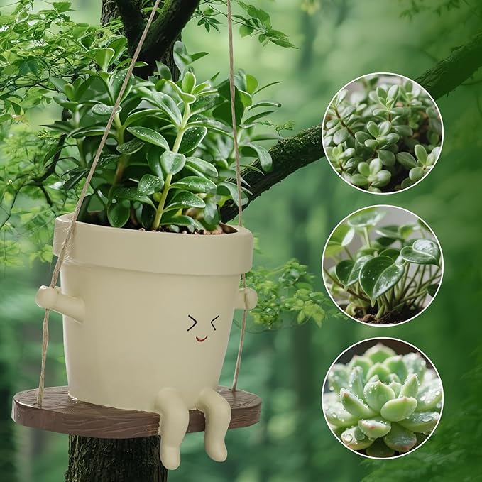Swing Face Planter Pot Hanging Cute Flower Head Planter Without Hole, Unique Sitting Sway Pots for Indoor/Outdoor Plants, Succulent & String of Pearls Planters for Mother