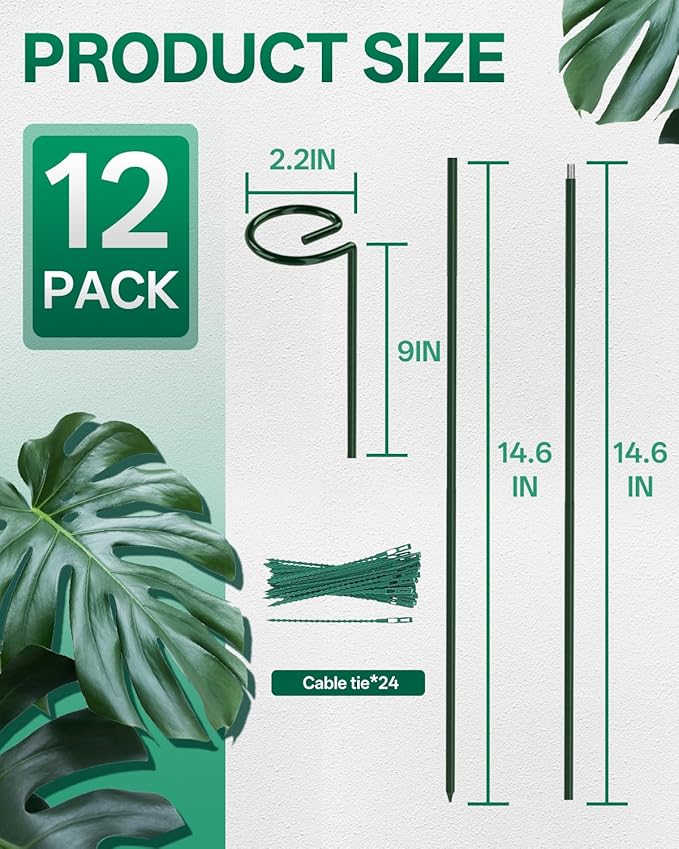 Breeze Touch 12 Pack Plant Stakes, 35.4 Inch Plant Support Stakes with 15 Twist Ties, Plant Sticks Support, Flower Stakes for Plants Peony, Tomato Seedling, Marigold, Amaryllis, Sapling, Coreopsis