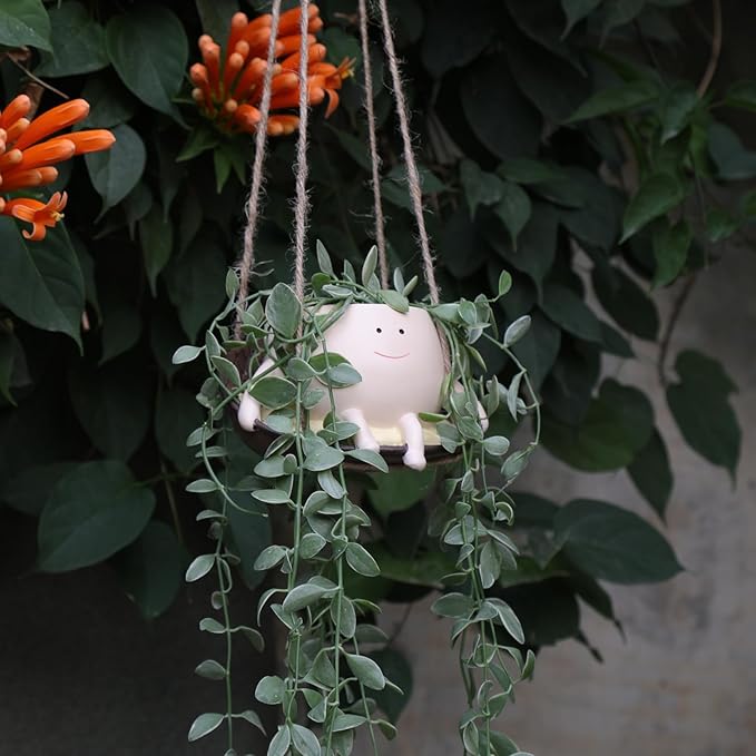 NINIPAPA Hanging Swing Chair Planter Pot Smile Face Plant Pot for Indoor Outdoor Plants Cute Head Flower Pots for Succulent String of Pearls Unique Gift on Mother's Day, Birthday, Christmas