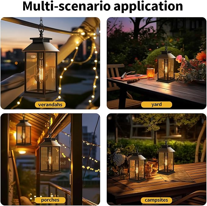 2 Pack Hanging Solar Lanterns Glass Solar Lights Outdoor Waterproof Upgraded Solar and AAA Battery Powered, for Outside Porch, Patio and Indoor Tables, Mantelpiece