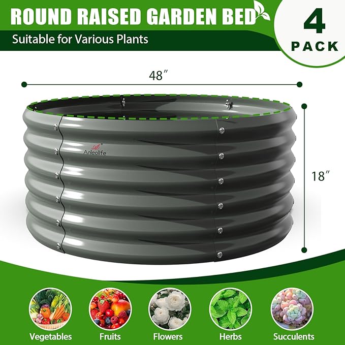 A ANLEOLIFE 4-Packs 4ft x 18” Tall Round Galvanized Raised Garden Beds Outdoor for Planting Vegetables Flowers Herb, Quartz Grey