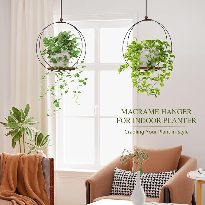 Hanging Planters for Indoor Plants: Macrame Plant Hanger with Sturdy Wood Base, Wall Ceiling Window Decor for Home Garden Patio Office, Housewarming Gift (Pot/Plant Not Included)