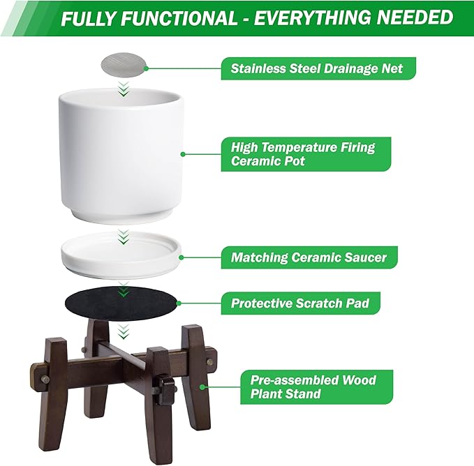 D'vine Dev Ceramic Planter with Wood Stand - 6 Inch Mid Century Modern Cylinder Plant Pot Set for Indoor Plants & Flowers, White, 55-A-Z-1