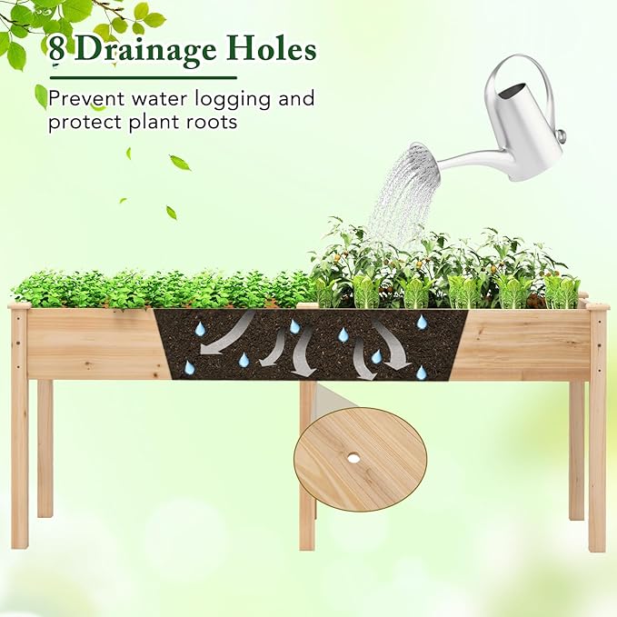 Raised Garden Bed with Legs, Elevated Planter Box with Divider & 8 Drainage Holes, Fir Wood Garden Box for Vegetables, Flowers, Fruits & Herbs (Natural)