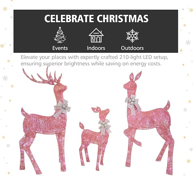 Jingle Joy 5ft Twinkle Lighted Outdoor Deer Set with LED Lights – 3-Piece Reindeer Family Decor for Yard Display – Weather-Resistant Holiday & Valentine's Day Decoration (Pink)