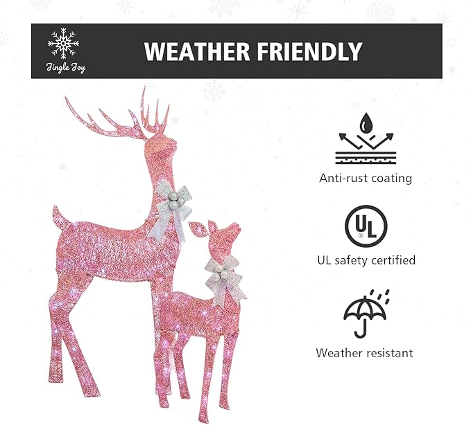 Jingle Joy 5ft Twinkle Lighted Outdoor Deer Set with LED Lights – 3-Piece Reindeer Family Decor for Yard Display – Weather-Resistant Holiday & Valentine's Day Decoration (Pink)