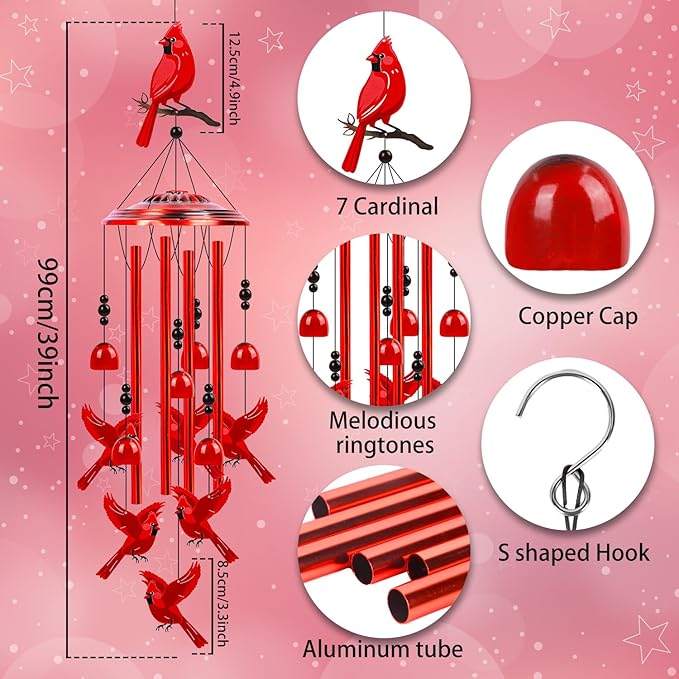 Cardinal Wind Chimes for Outside - Cardinal Gifts for Women, Memorial Wind Chimes for Outdoor, Mom Grandma Sisters Girlfriend Birthday, Home Garden Patio Yard Decor