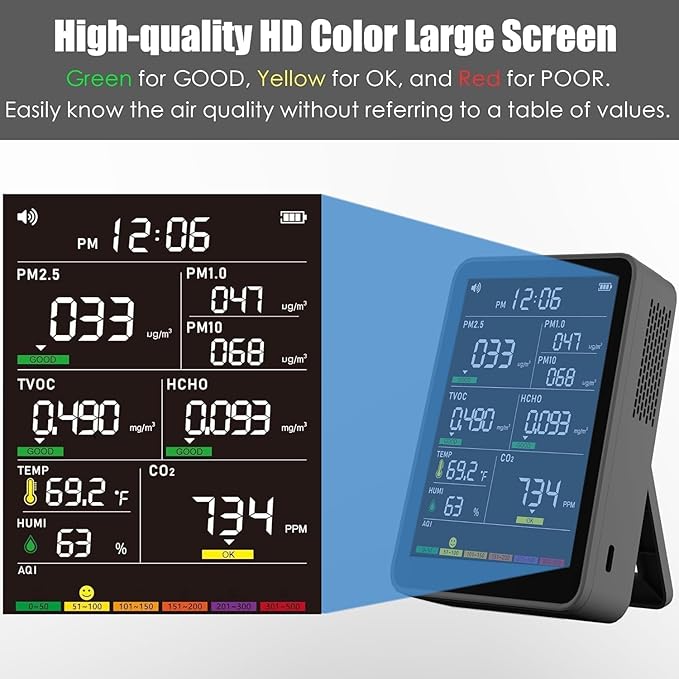 Professional Indoor Air Quality Monitor with AQI, Portable Real-Time Detector for Home Cars Plants and Pets (Black)
