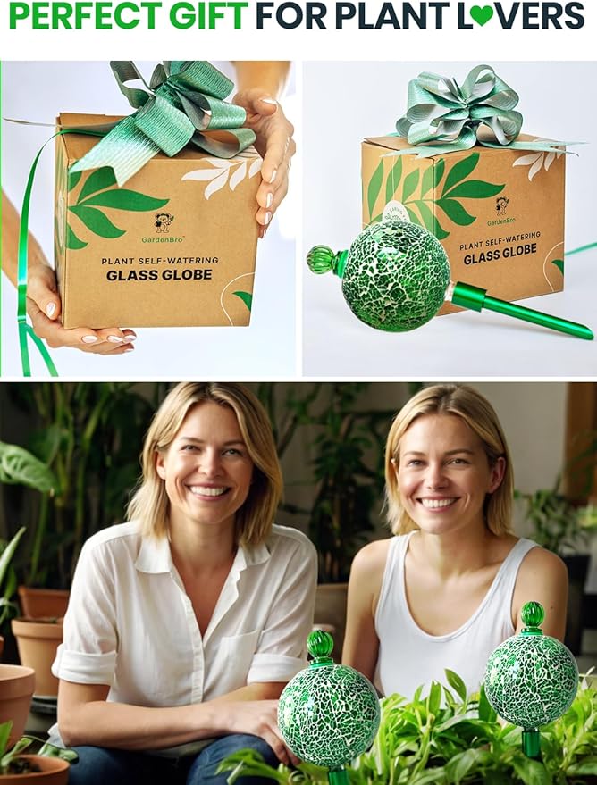 16 Oz Plant Watering Globes for Indoor Plants with Metal Self Watering Planter Insert - Premium XL Glass Hand-Blown Globe - Automatic Plant Waterer Indoor, Gift Idea for Gardeners [1 Globe, Mosaic]