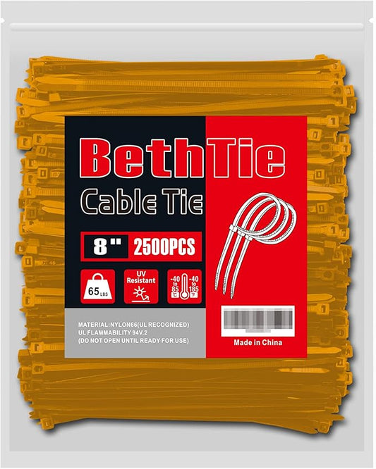 8 Inch gold Zip Ties (2500 Pack), 65 LBS Tensile Strength, Self-Locking Nylon PA66 UV Resistant Cable Ties for Indoor and Outdoor Use