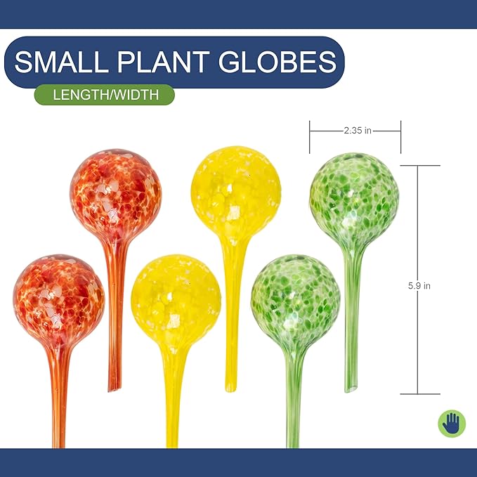 6 Small Plant Watering Globes - Plant Watering Devices - Plant Watering Bulbs - Self Watering Spikes - Hand Blown Glass - Self Watering Planter Insert - Free Moisture Meter - by Cotswold Homeware