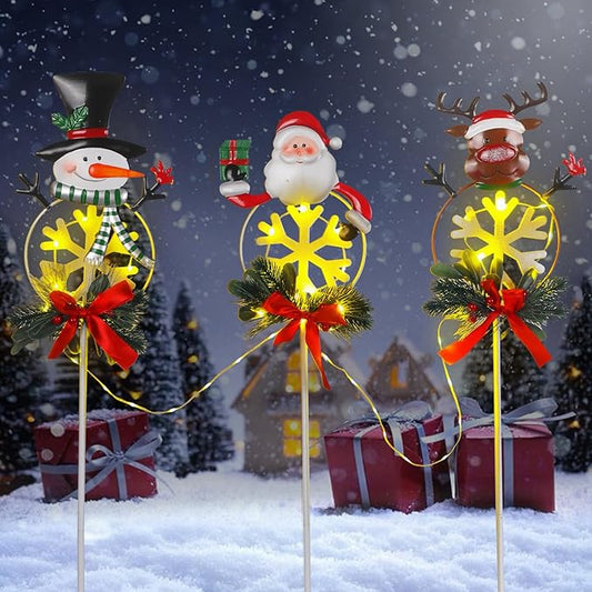 Christmas Yard Stakes Solar with Metal Santa, Snowman & Reindeer Set of 3, Christmas Grave Decorations with Solar String Lights for Outdoor Cemetery, Garden, Pathway, Porch