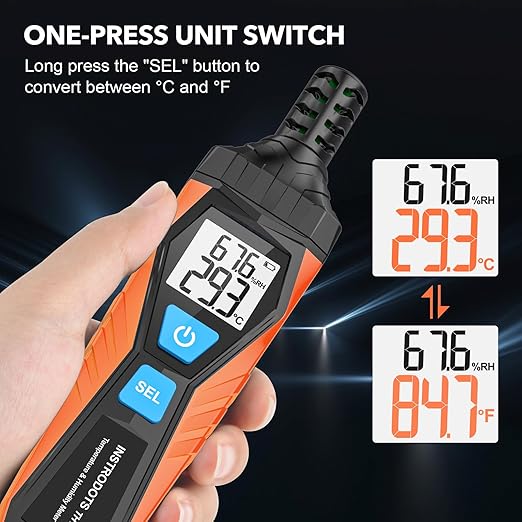 Temperature Humidity Meter, High Precision Thermometer Hygrometer with Ambient, Dew Point, Wet Bulb Thermometer, Dual Display Temperature & Humidity with LCD Backlight, TH10