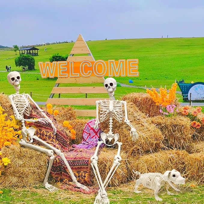 UMEELR 5.4FT Halloween Skeletons, Full Size Skeleton with Skeleton Dog, Plastic Life Size Human Skeletons for Halloween Graveyard Haunted House Party Decoration