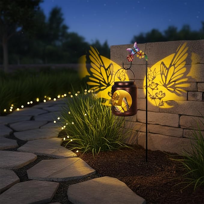 Solar Lanterns Outdoor Waterproof Metal Butterfly Patterns with Resin Butterfly Inside Garden Decor Gifts for Women Mom Grandma Hanging Solar Lights Decoration Outside for Yard, Patio, Backyard, Porch