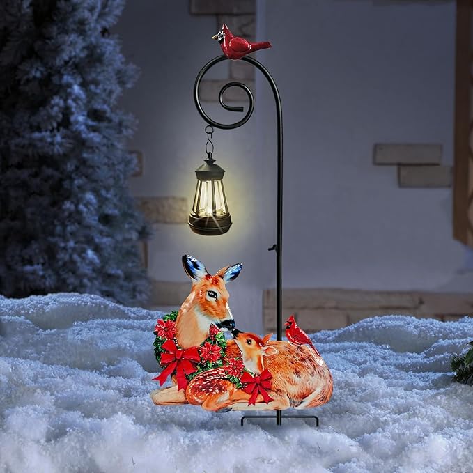 Deer Metal Garden Stake with Solar Light, Christmas Decorations Outdoor Waterproof Sloar Lights Outside, Doe and Fawn Outdoor Statue for Garden Lawn Patio