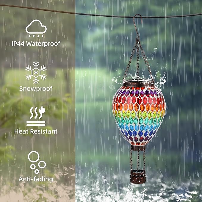 VOREEN Hot Air Balloon Solar Lantern, Handmade Mosaic Solar Outdoor Hanging Wind Light, Waterproof, Patio Festive Decor, Gift for Mom Wife Friend, Rainbow Pattern