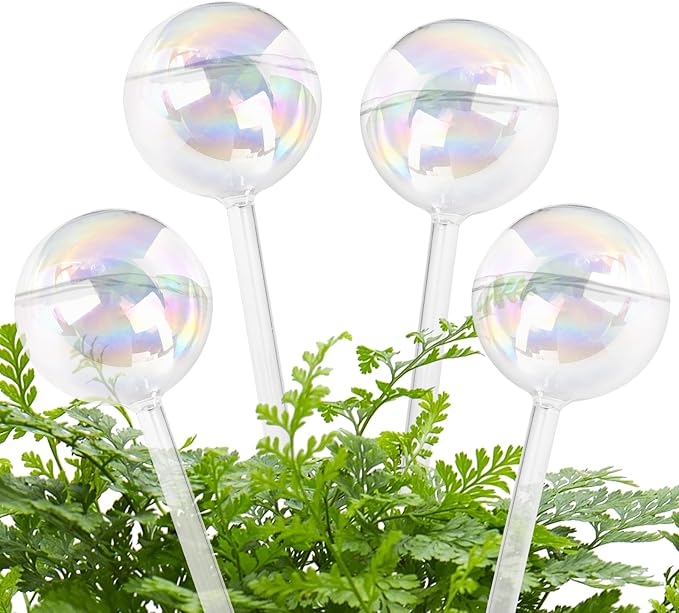 Plant Watering Globes, Iridescent Rainbow Glass Water Bulbs Self Watering Spikes Planter Insert Automatic Plant Watering Device for Indoor and Outdoor Plants (4Pcs, Ball Shaped)