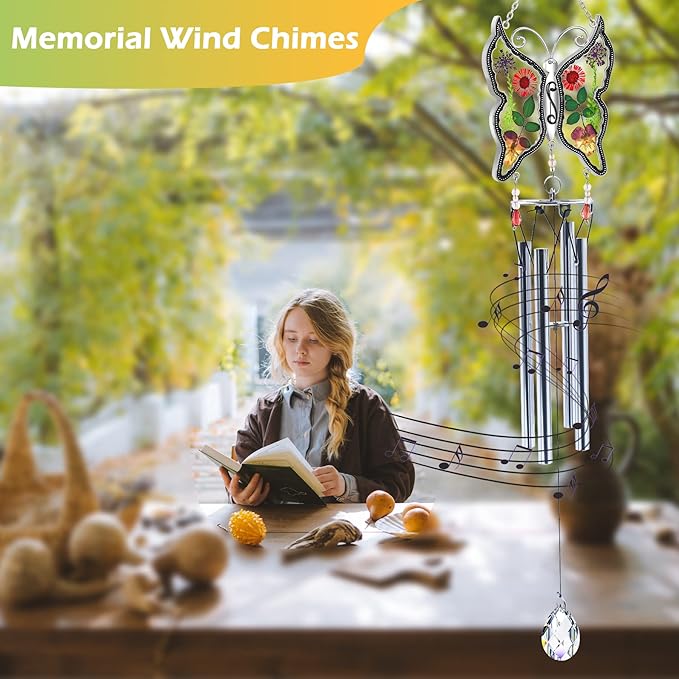 KY&BOSAM Big Butterfly Wind Chime with Crystal Sympathy Wind Spinner Memorial Wind Chime for Loss of Loved One Prime Bereavement Sympathy Memorial Gift for Loss of Mother Father Gift Home Garden Decor