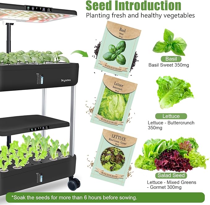 44-Pod Indoor Hydroponic Growing System + 3 Free Seeds Starter Kit (Lettuce, Salad Mixed, Basil Seeds) – Dual 53W Full-Spectrum LED, 10-L Water Tank, 2-Tier Grow Pods (44 Pods)