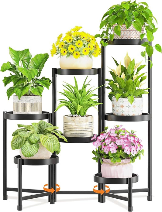 LASZOLA 7 Tiered Folding Tall Plant Stand Indoor for Multiple Large Planter, Heavy Duty Metal Adjustable Flower Rack for Narrow Corner, Sturdy Vertical Spiral Shelving Holder for Modern House, Black