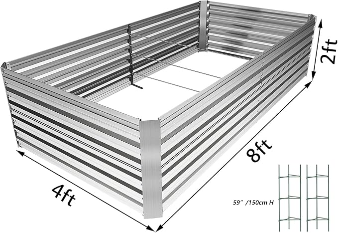 8×4×2 FT Galvanized Raised Garden Bed with 2Pcs Tomato Cage,Large Metal Raised Garden Bed Outdoor,Garden Metal Raised Planter Box for Gardening,Flowers, Herbs, Fruits