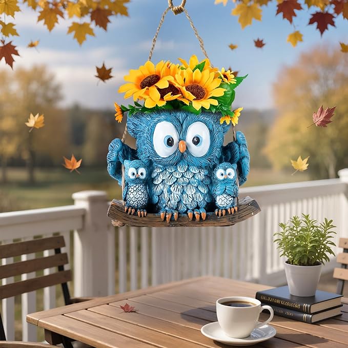 Swing Owl Hanging Planter for Indoor Outdoor Plants Decor Resin Hanging Owl Planter Pot with Rope, Cute Mother and Baby Design, Small Hanging Plant Holder for Garden, Patio, Balcony