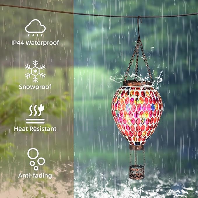 VOREEN Hot Air Balloon Solar Lantern, Mosaic Glass Hanging Solar Lights for Outside Garden & Patio, Waterproof Outdoor Decor, Handmade Art Glass Balloon (Red)