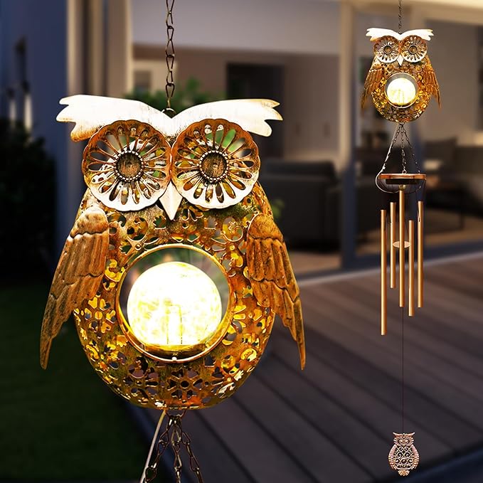 Wind Chimes Outdoor Indoor Decor: Valentines Day Gifts for Her Wife Women Mom Grandma Birthday - Outside Lights for Garden Yard Patio Porch (Owl)