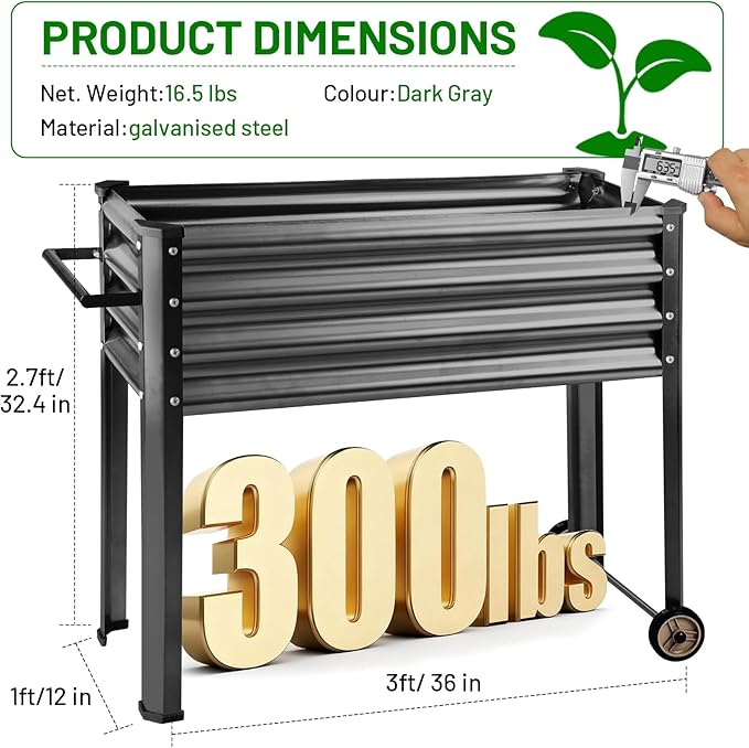 Land Guard 2 Pack Galvanized Raised Garden Bed with Legs & Wheels, 36×12×32in Metal Elevated Raised Planter Box for Backyard, Patio, Balcony, 300lb Capacity, Dark Grey