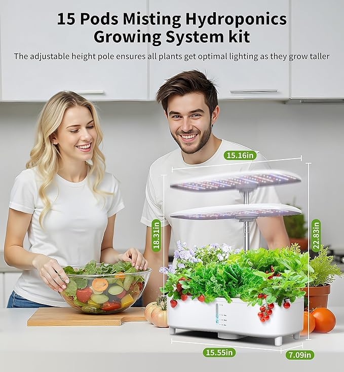 Hydroponics Growing System Kit 15 Pods Misting Herb Garden Indoor Garden Indoor Gardening System 5L Water Capacity 48W Grow Light Gardening Gifts for Women (White)